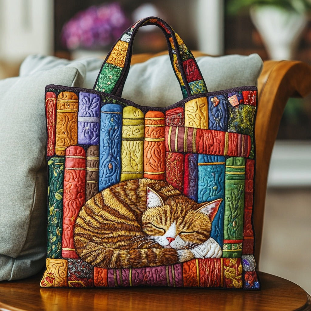 Bolso Tote Acolchado de Gato de Biblioteca Vintage