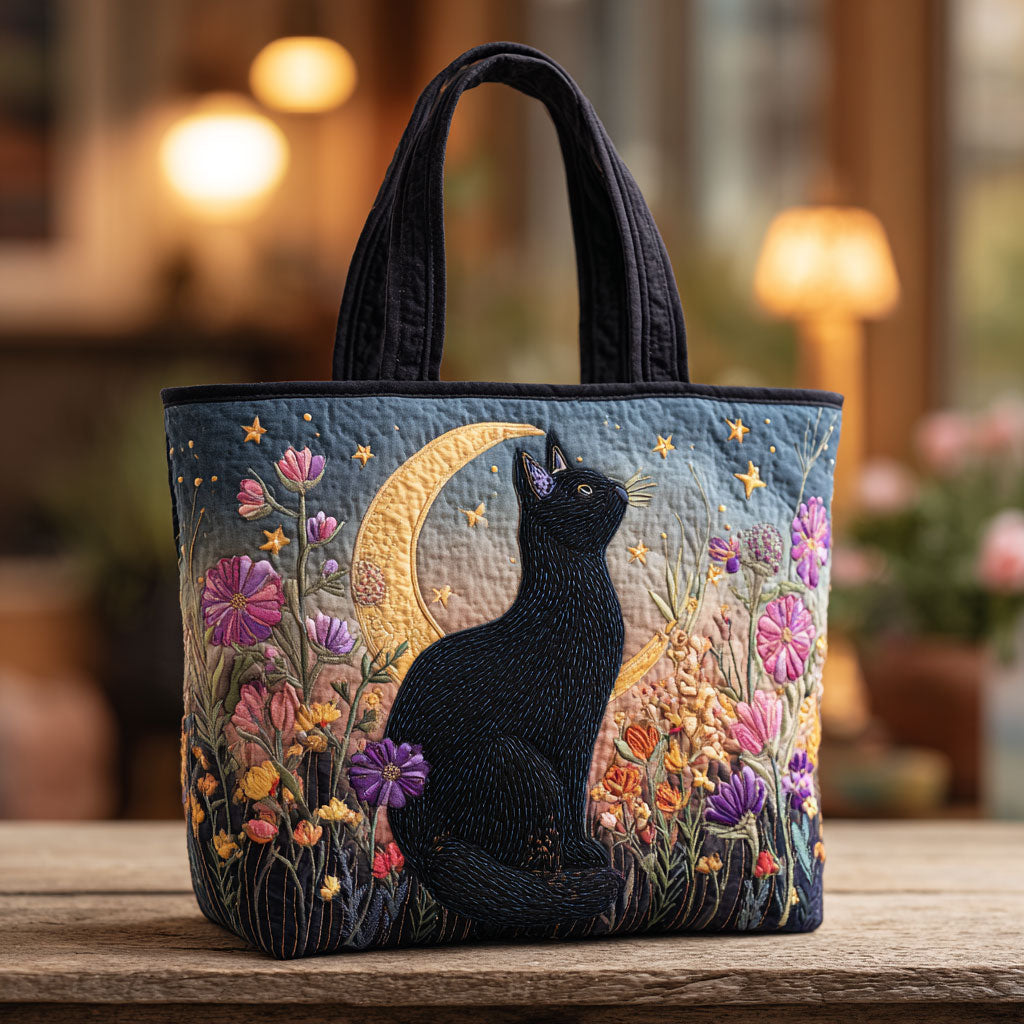 Bolso Tote Acolchado Gato Noche Florido