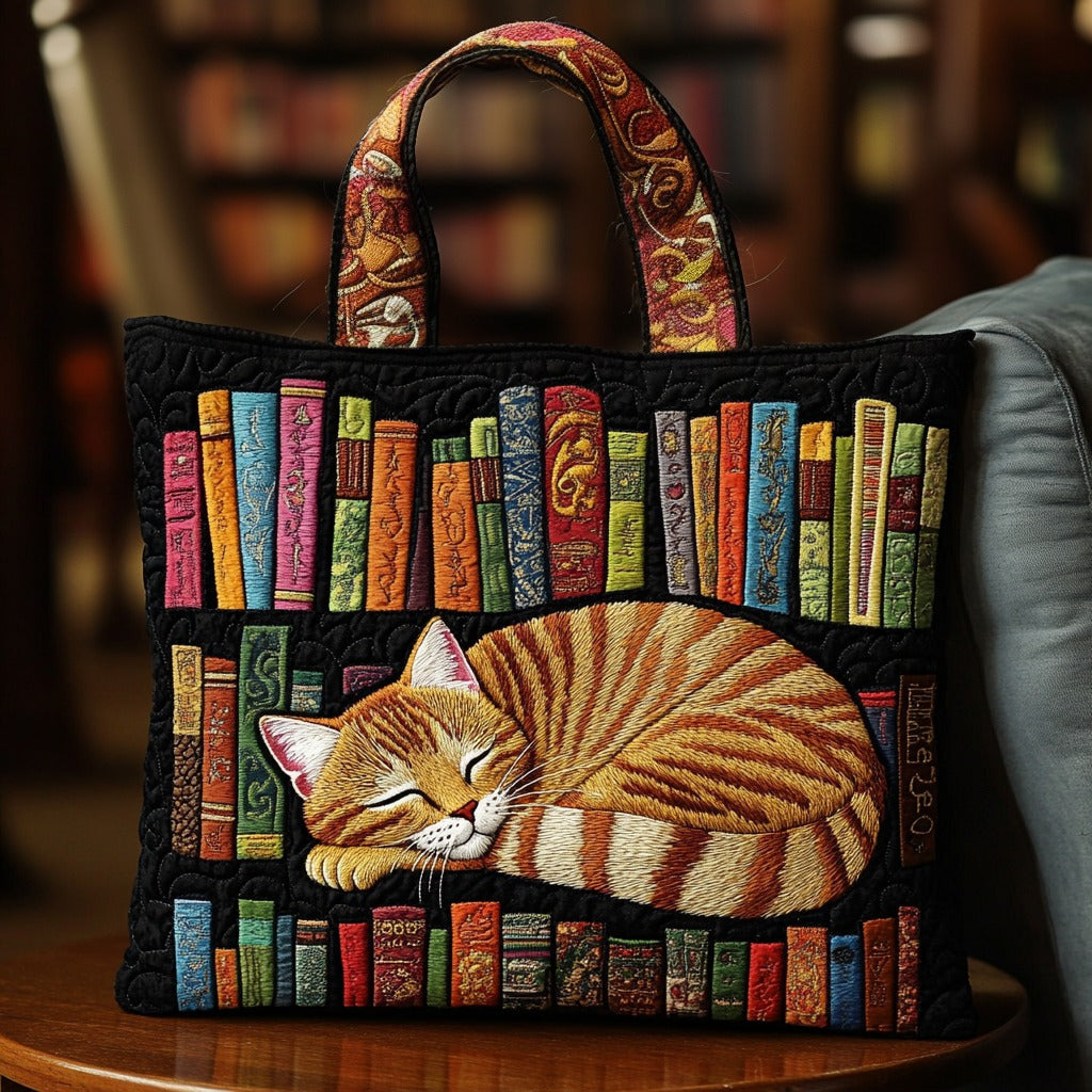 Bolsa Tote Acolchada de Gato Durmiendo y Libros