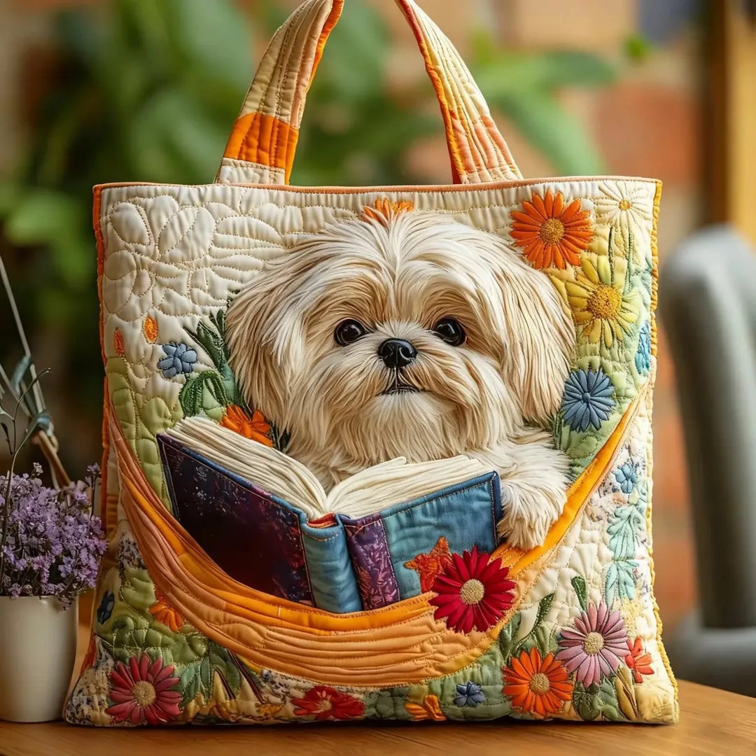 Bolso Tote Acolchado - Shih Tzu con Libros y Flores