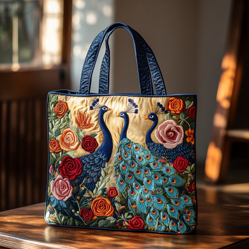 Hermosa Bolsa Tote Acolchada de Pavos Reales