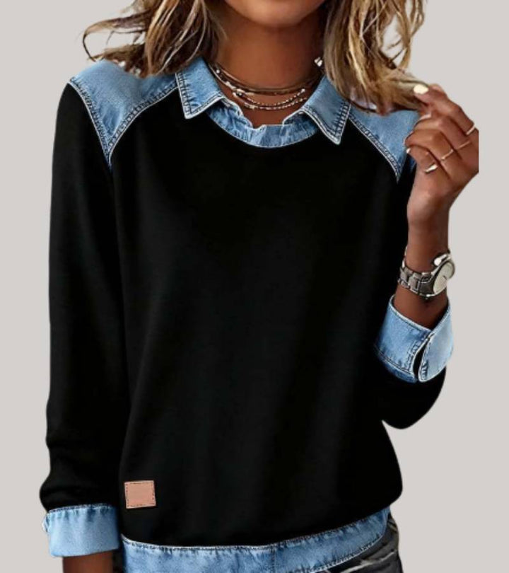 SILVIA | TOP IN MAGLIA PATCHWORK CON DETTAGLI DENIM