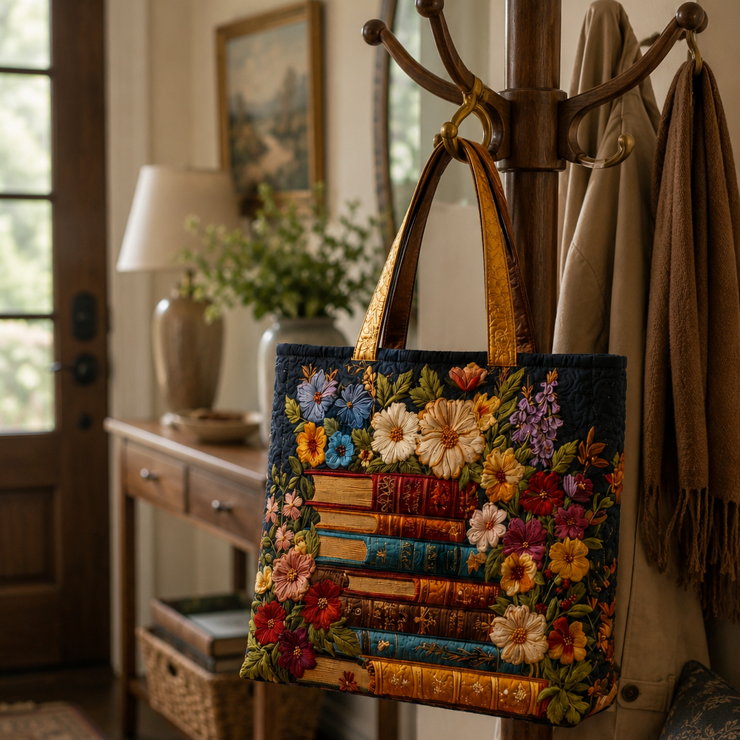 Bolso Tote Acolchado - Estampado Floral y de Libros