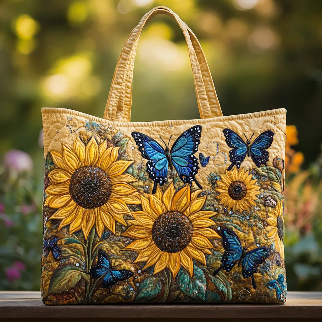 Bolsa Tote Acolchada - Girasoles y Mariposas Azules