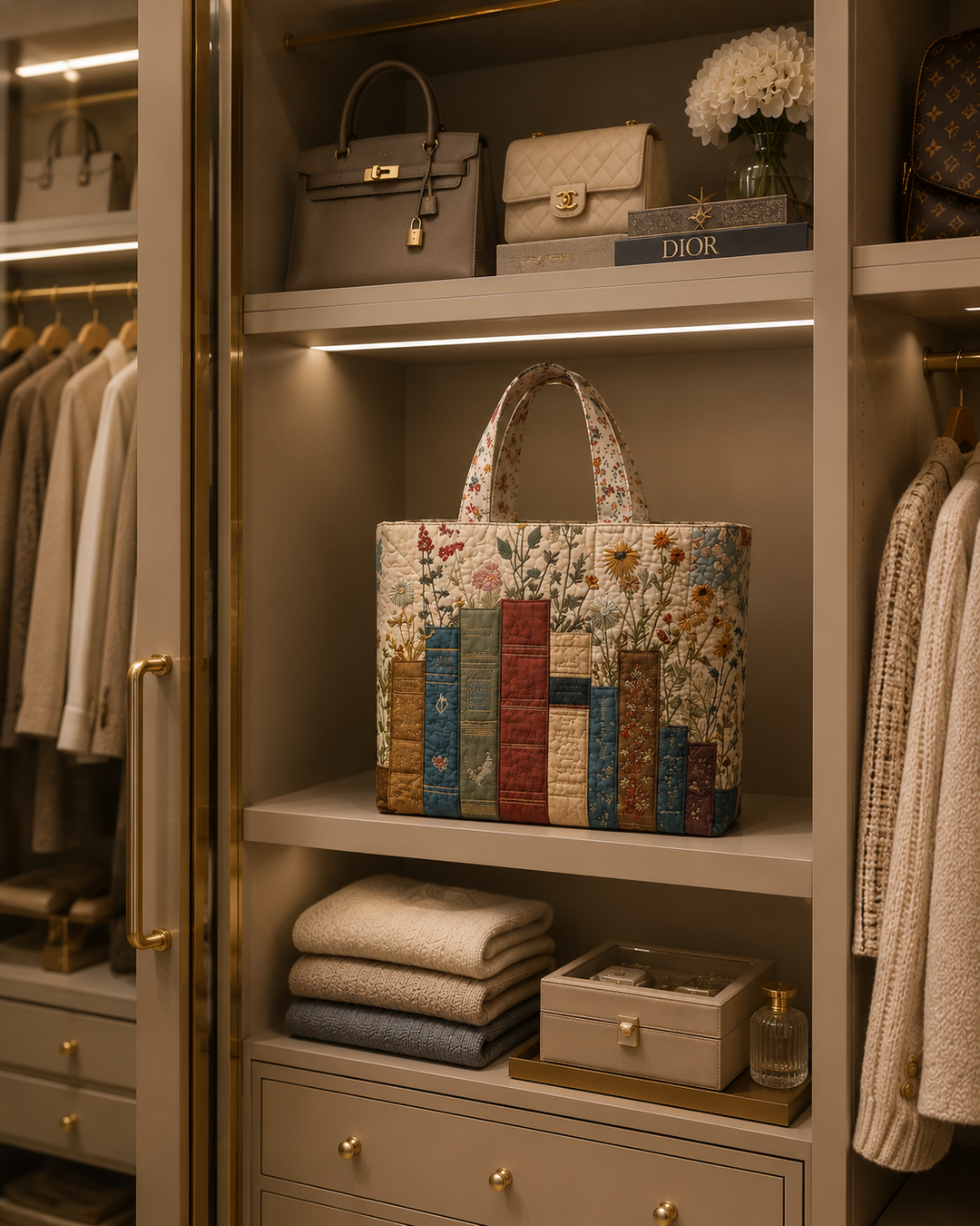 Bolso Tote Acolchado - Libros y Flores