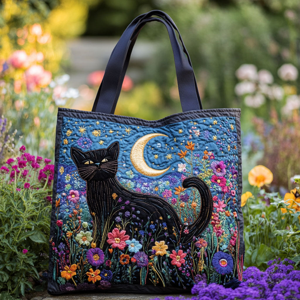 Bolso Tote Acolchado de Gato Negro a la Luz de la Luna