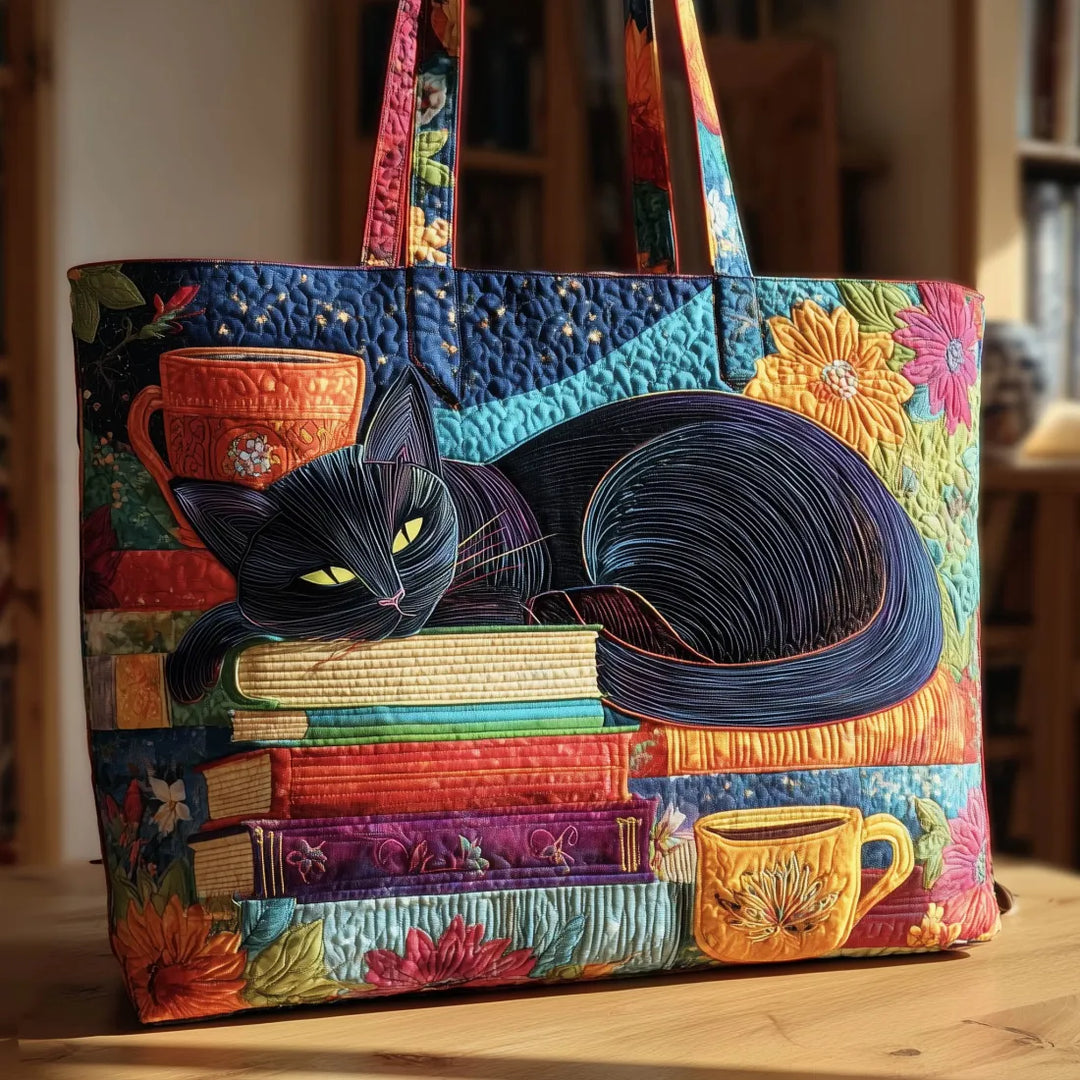 Bolsa Tote Acolchada - Gato Negro con Libros y Tazas