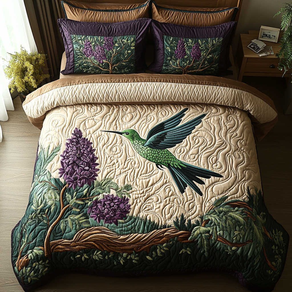 Juego de Ropa de Cama Acolchado Antiguo Colibrí de 3 Piezas