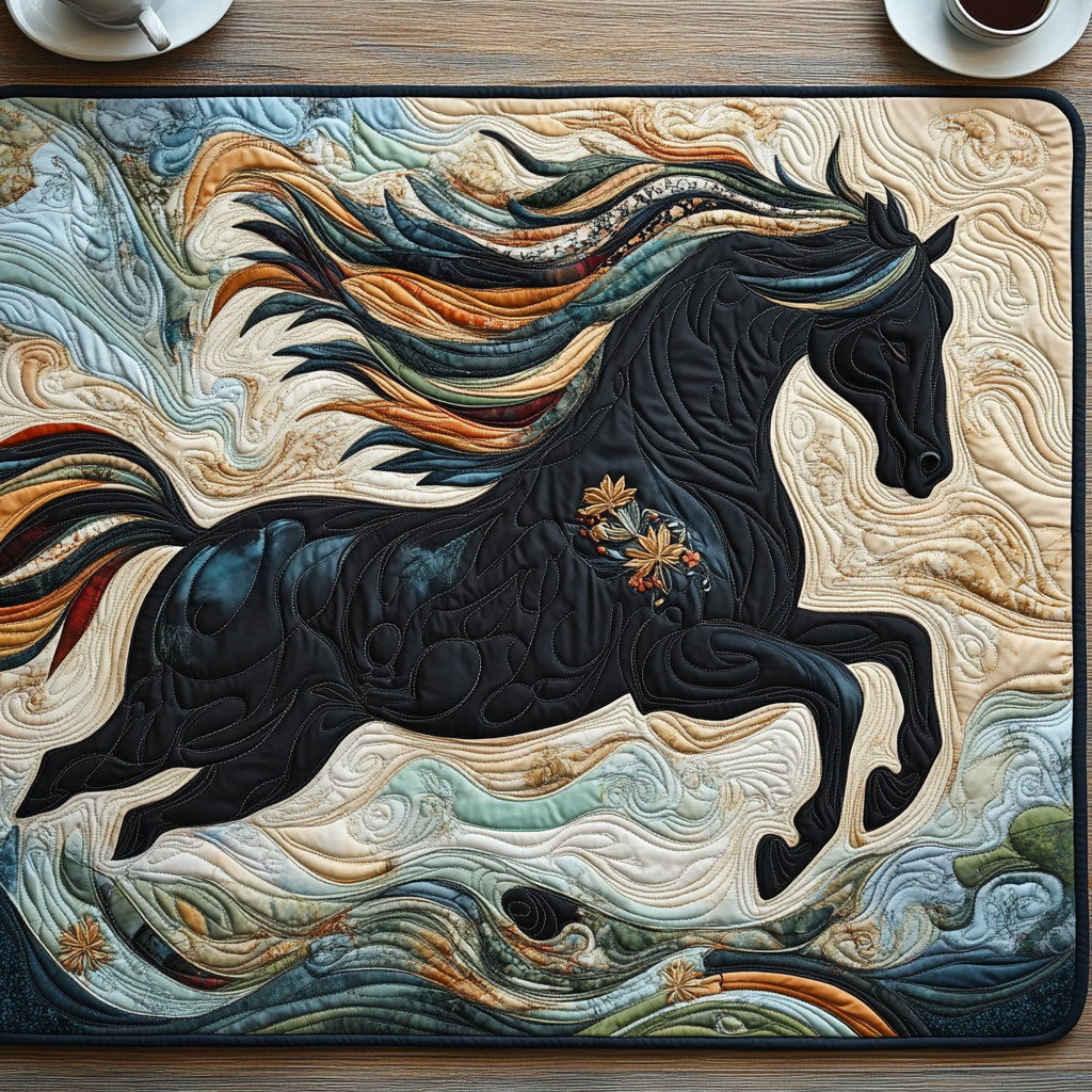 Mantel Individual Acolchado de Caballo Corriendo Negro Artístico