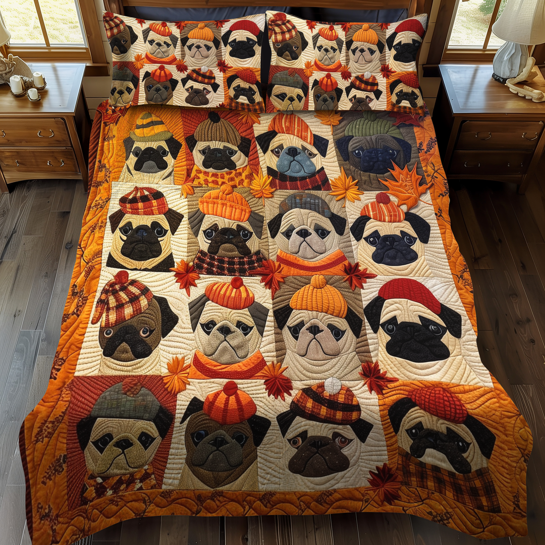 Juego de Ropa de Cama Acolchada de 3 Piezas con Tema de Otoño y Pugs