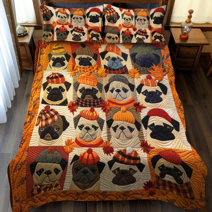 Juego de Ropa de Cama Acolchada de 3 Piezas con Tema de Otoño y Pugs