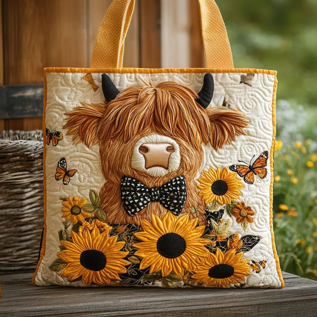 Bolsa Tote Acolchada - Vaca de las Tierras Altas con Girasoles