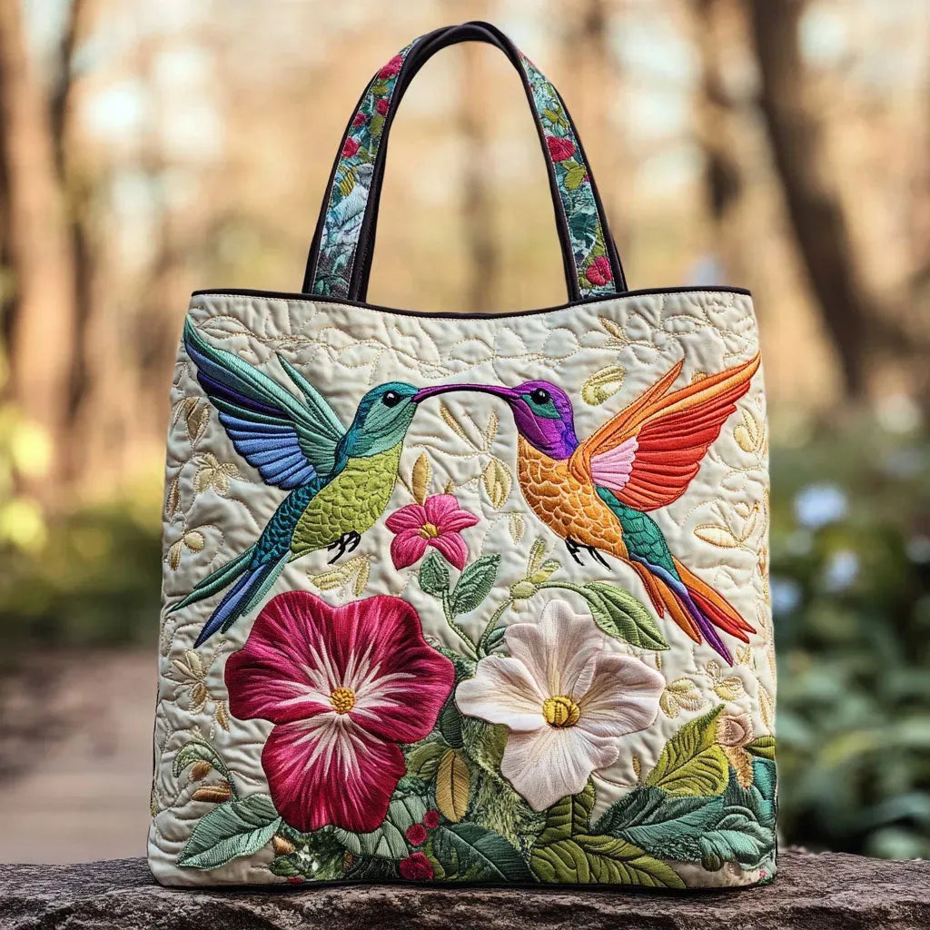 Bolsa Tote Acolchada - Colibrí y Flores Blancas