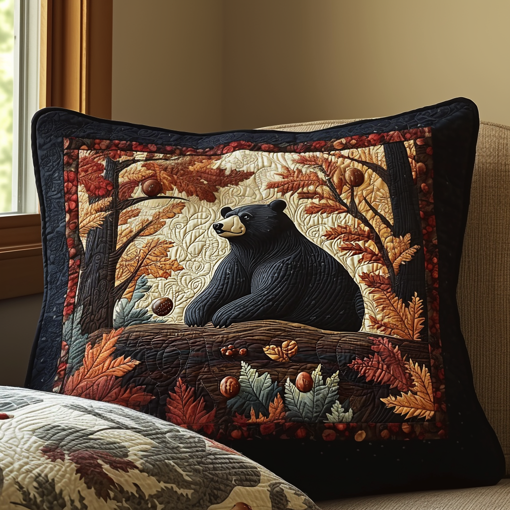 Funda de Almohada Vintage de Otoño con Encanto de Oso Negro
