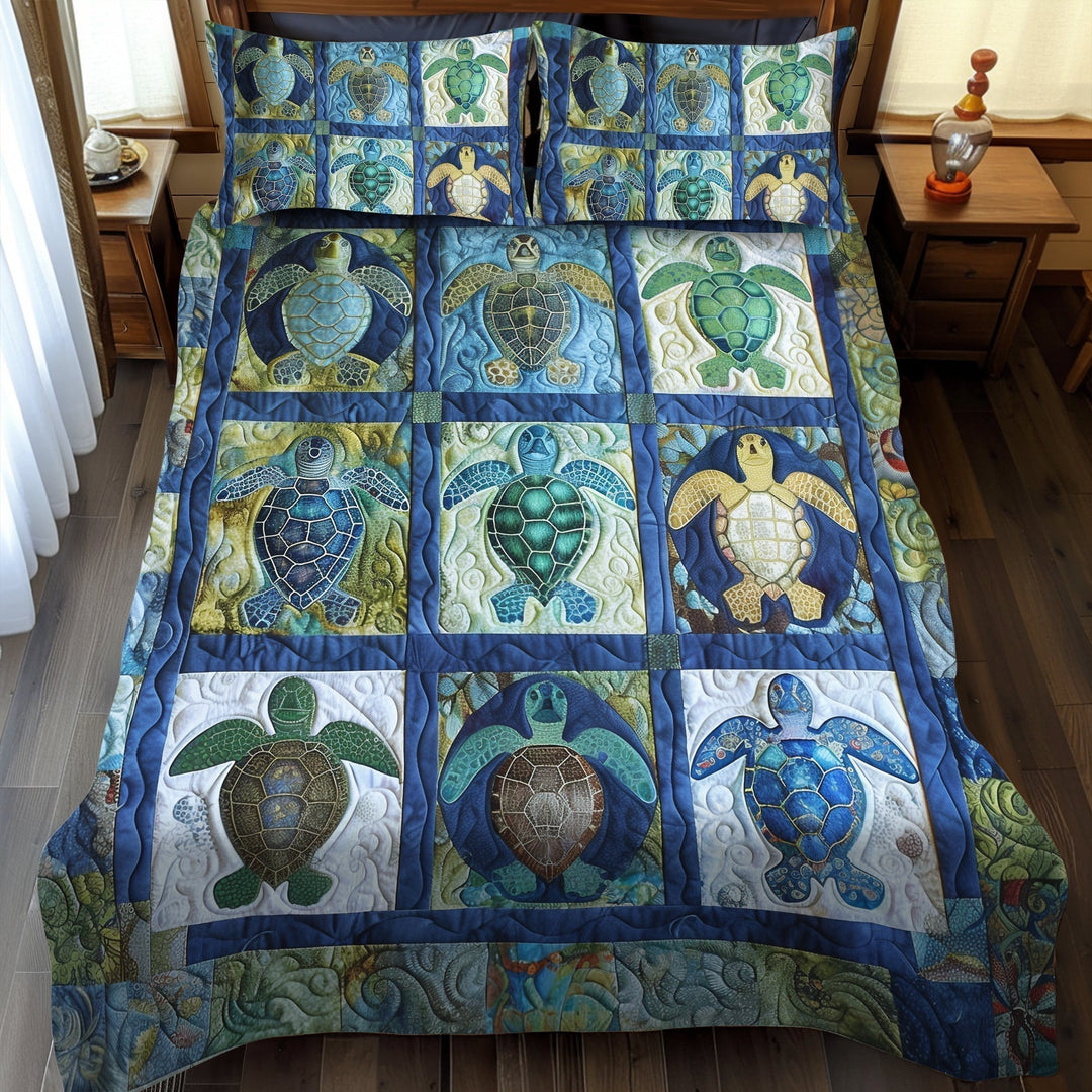 Juego de Ropa de Cama Acolchada de 3 Piezas Tortuga del Arrecife Azul