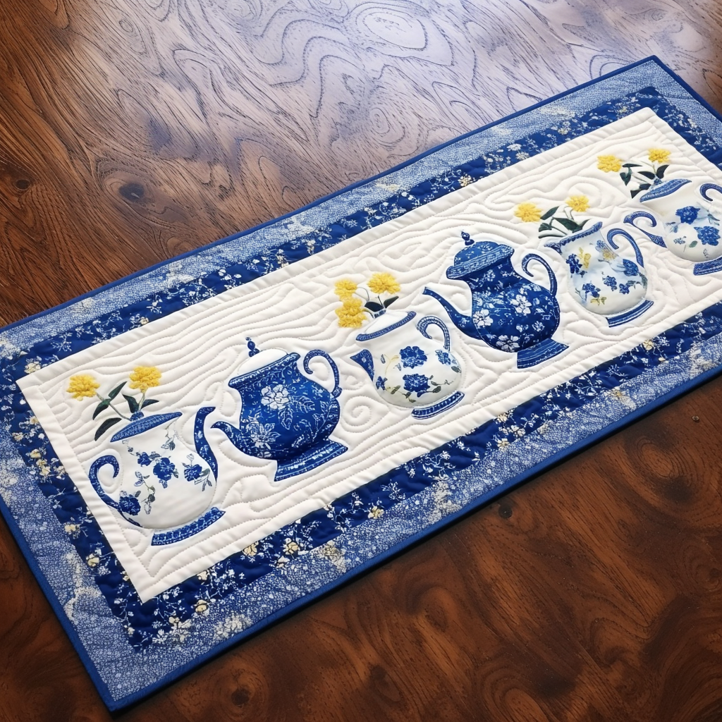 Caminito de Mesa Acolchado de Teteras Azules