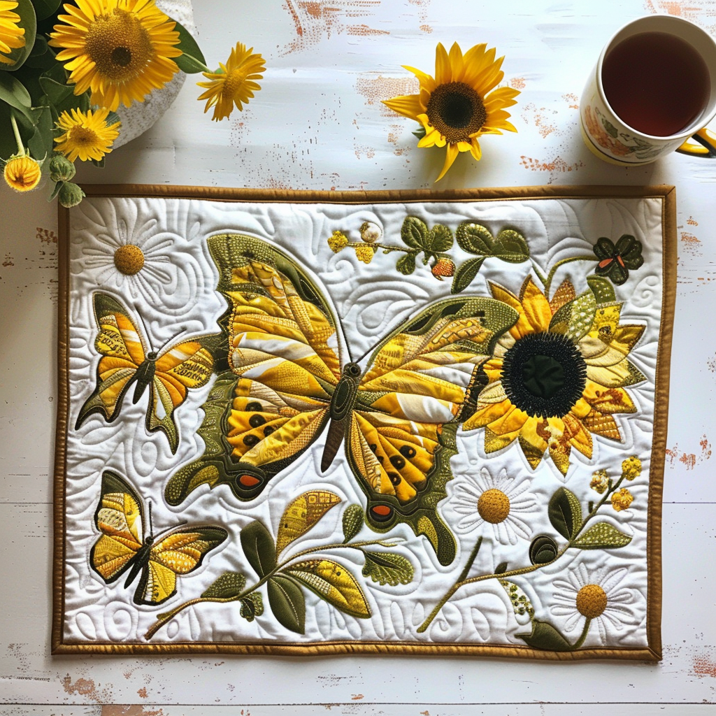 Mantelito acolchado de danza de mariposas en campos de girasoles