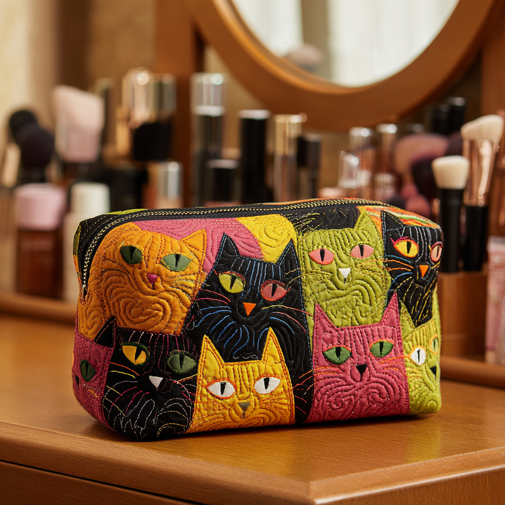 Bolsa de Maquillaje Acolchada con Gatos