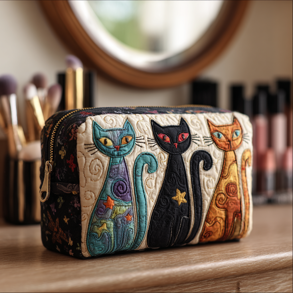 Bolsa de Maquillaje Acolchada con Gato Brillante