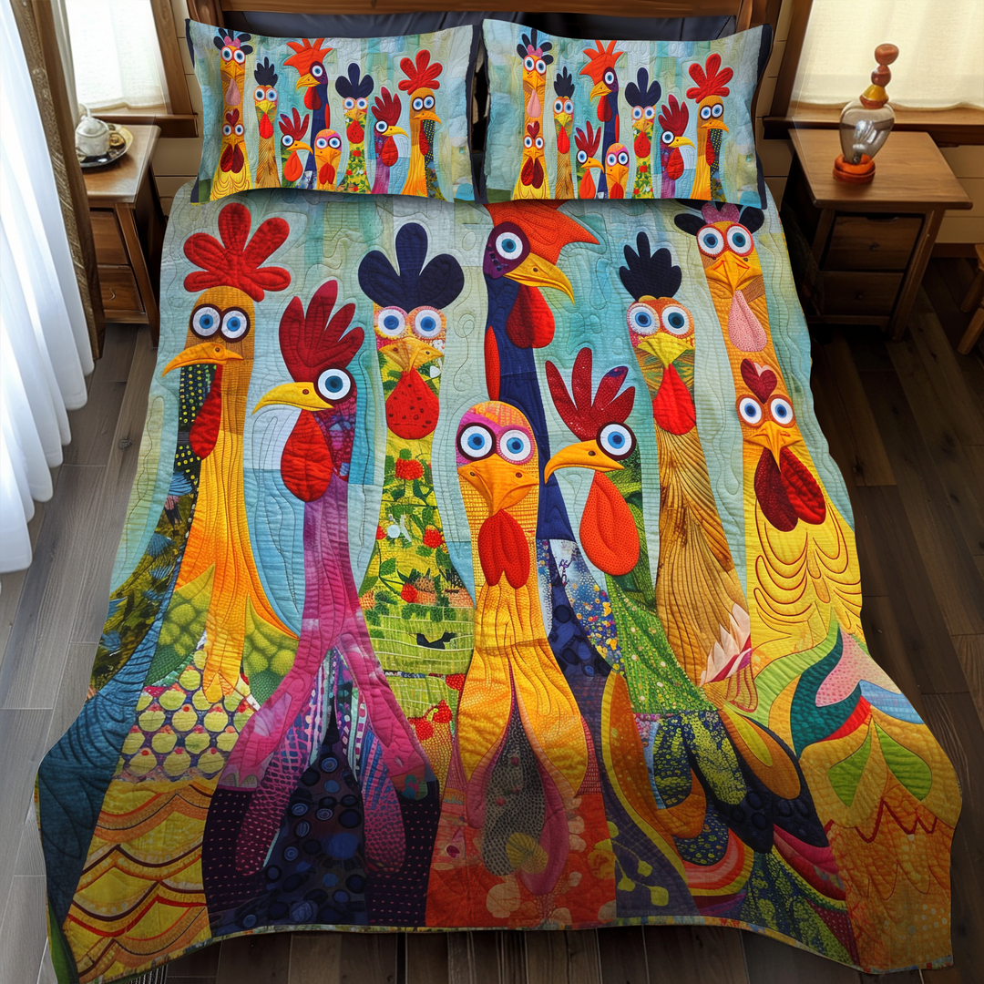 Juego de Ropa de Cama Acolchada de 3 Piezas Chicken Vibrant Village