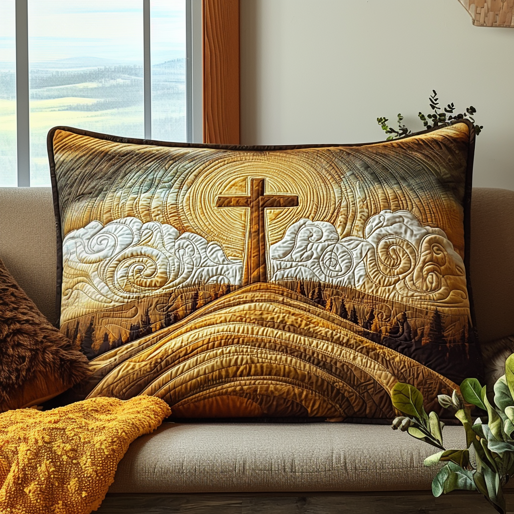 Funda de Almohada de Colcha con Cruz Cristiana al Amanecer