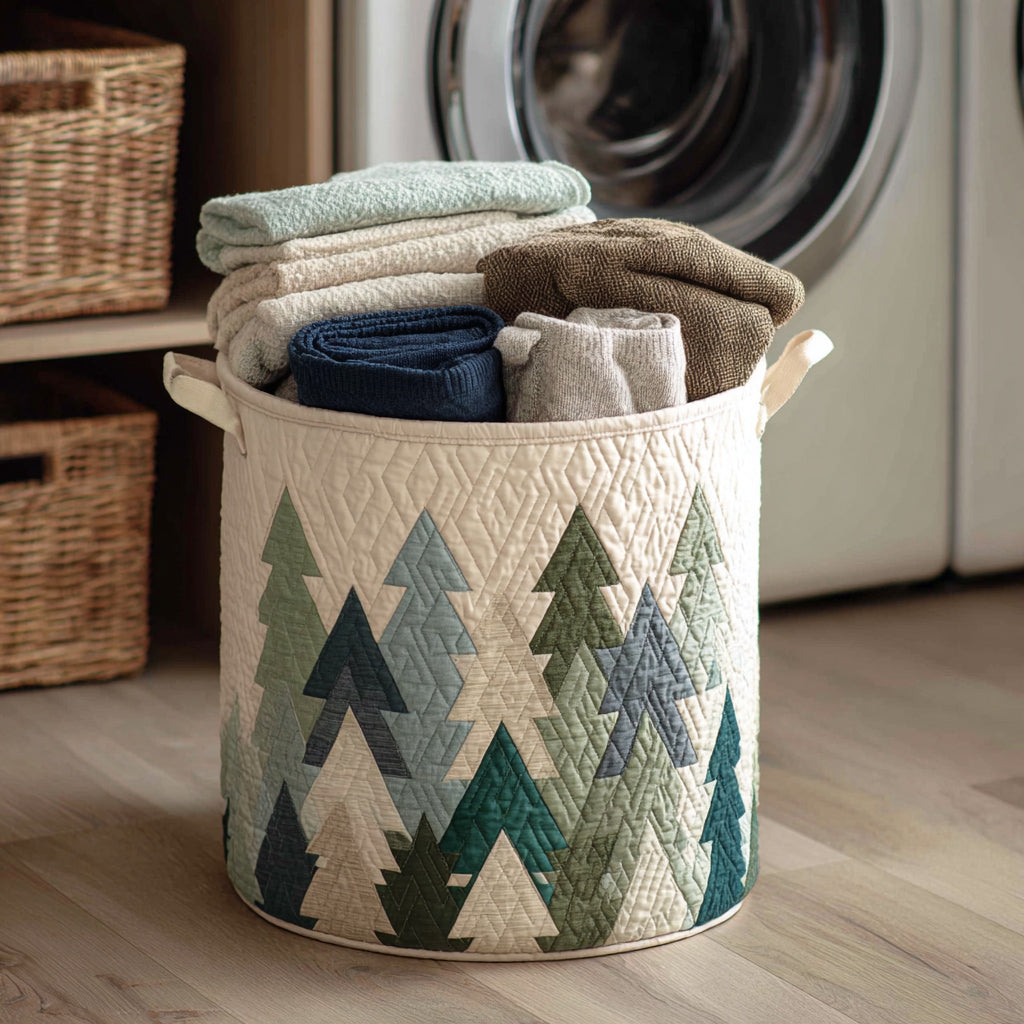 Cesta de Ropa Quilted de Árboles Verdes de Navidad