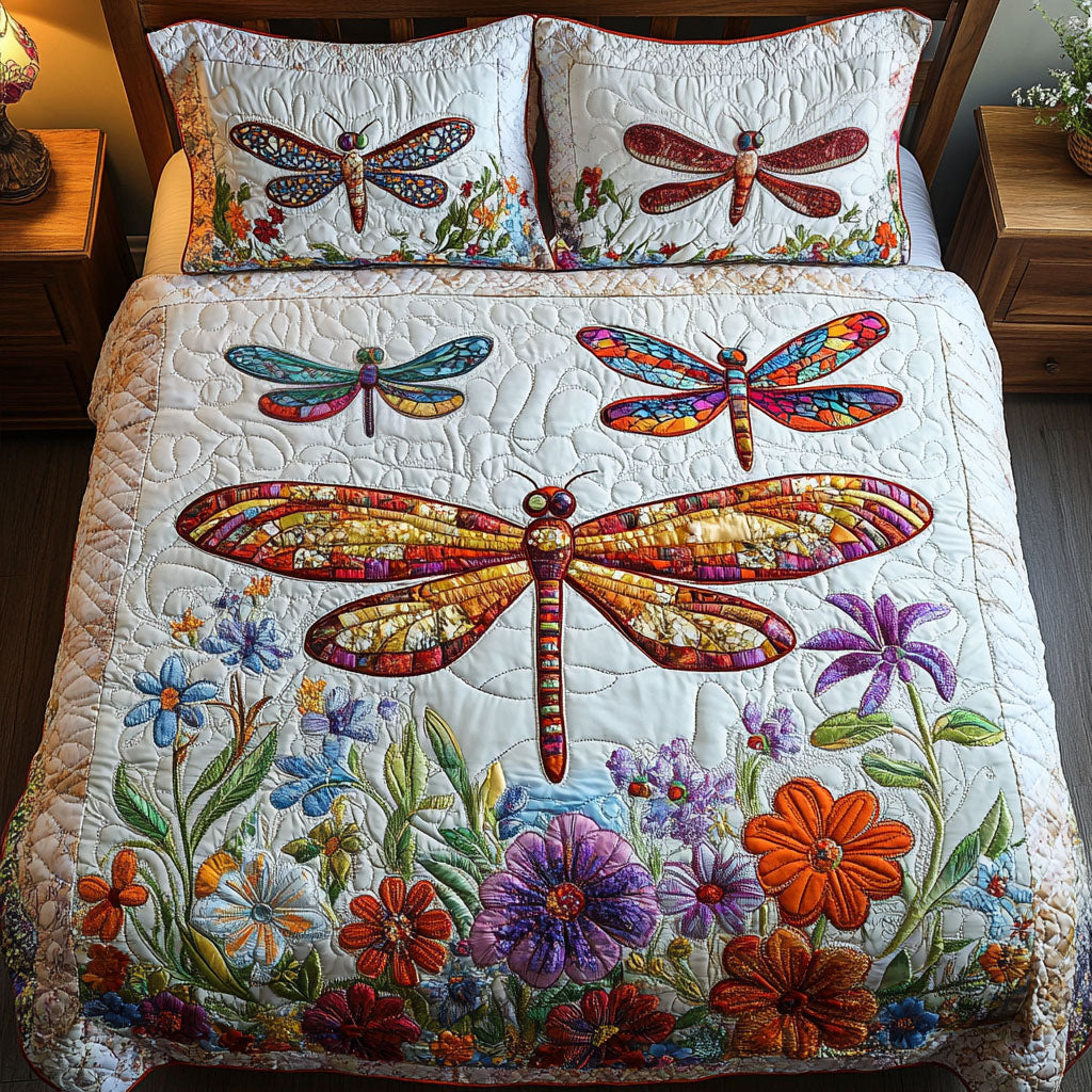 Juego de Ropa de Cama Acolchada de 3 Piezas con Libélula Colorida