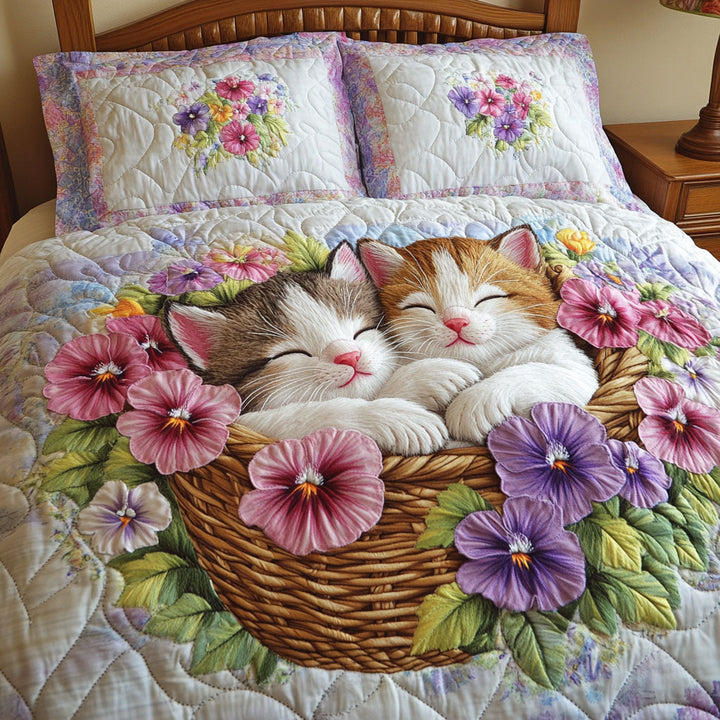 Juego de Ropa de Cama Acolchada de 3 Piezas con Gatitos Coloridos