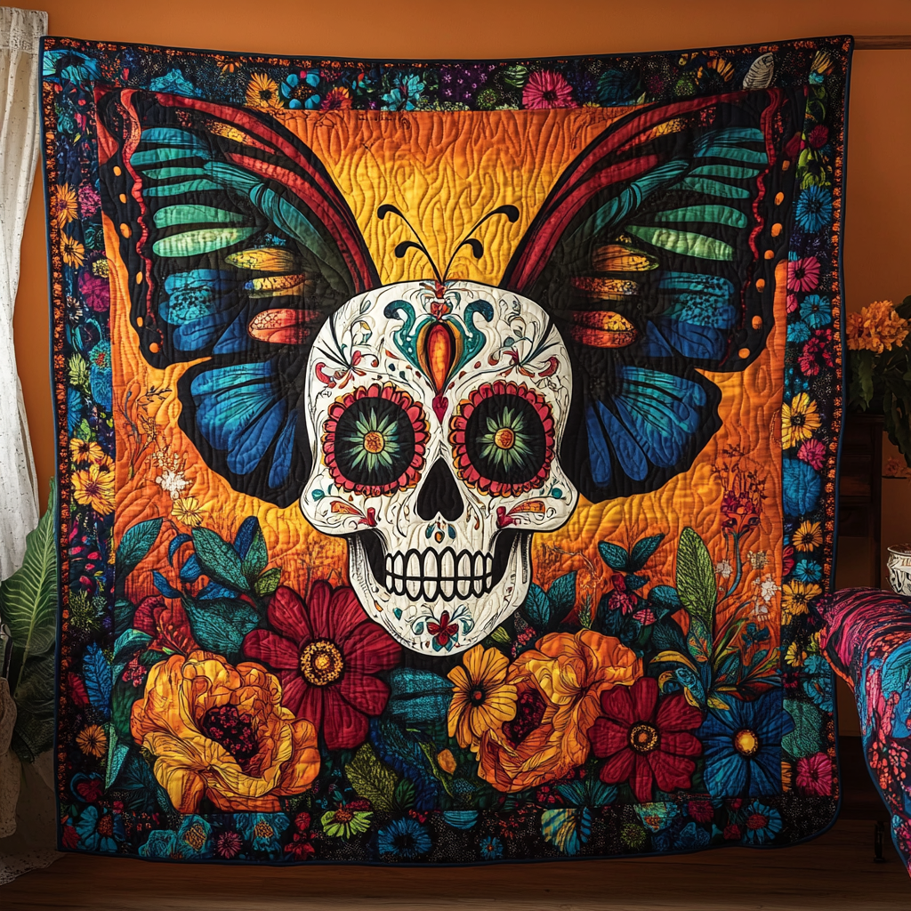 Manta Acolchada de Calavera de Azúcar Colorida