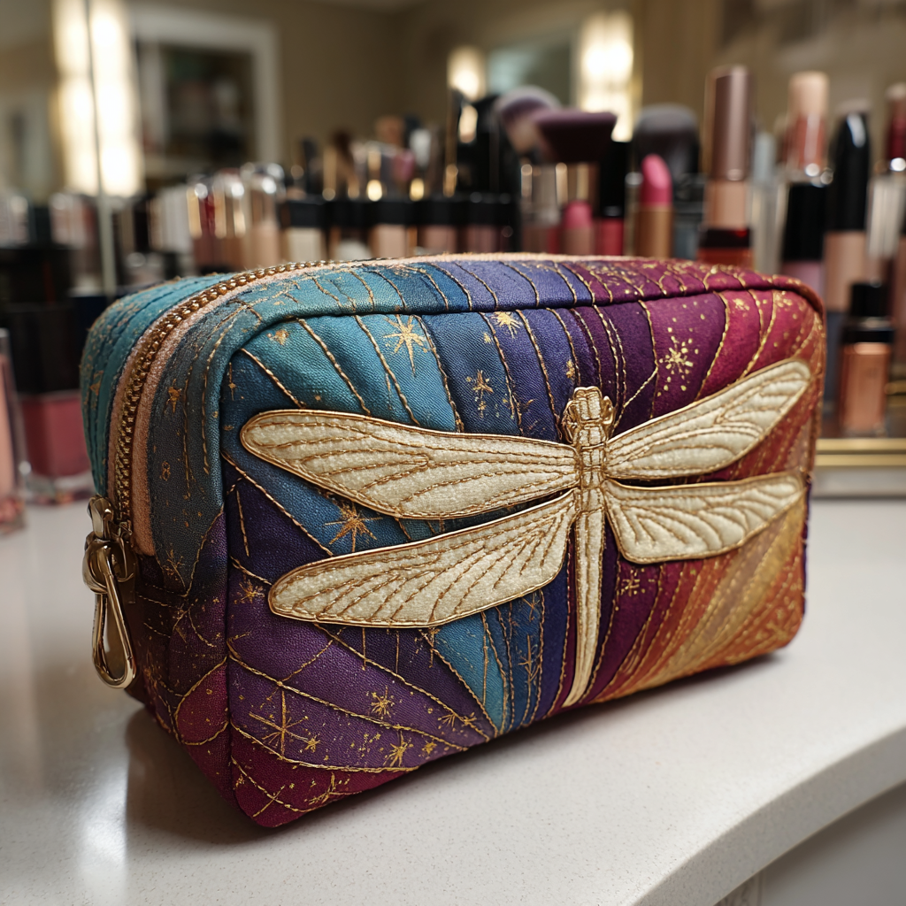Bolsa de Maquillaje Acolchada con Encanto de Libélula