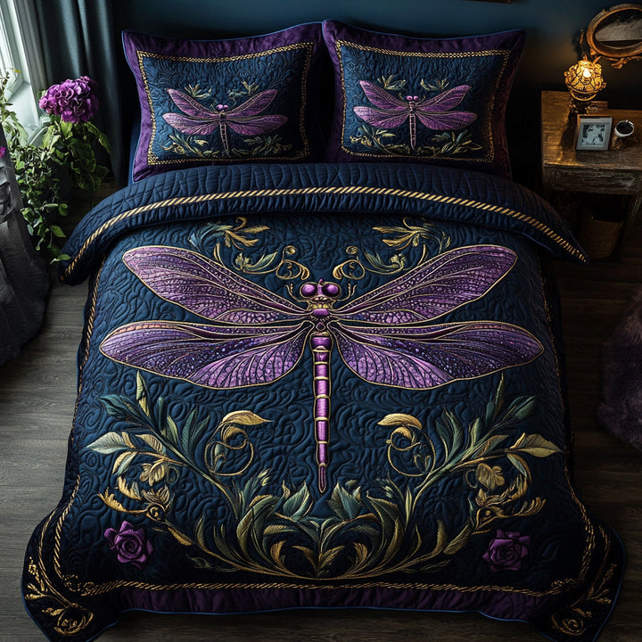 Elegante Juego de Ropa de Cama Acolchado de 3 Piezas con Libélula