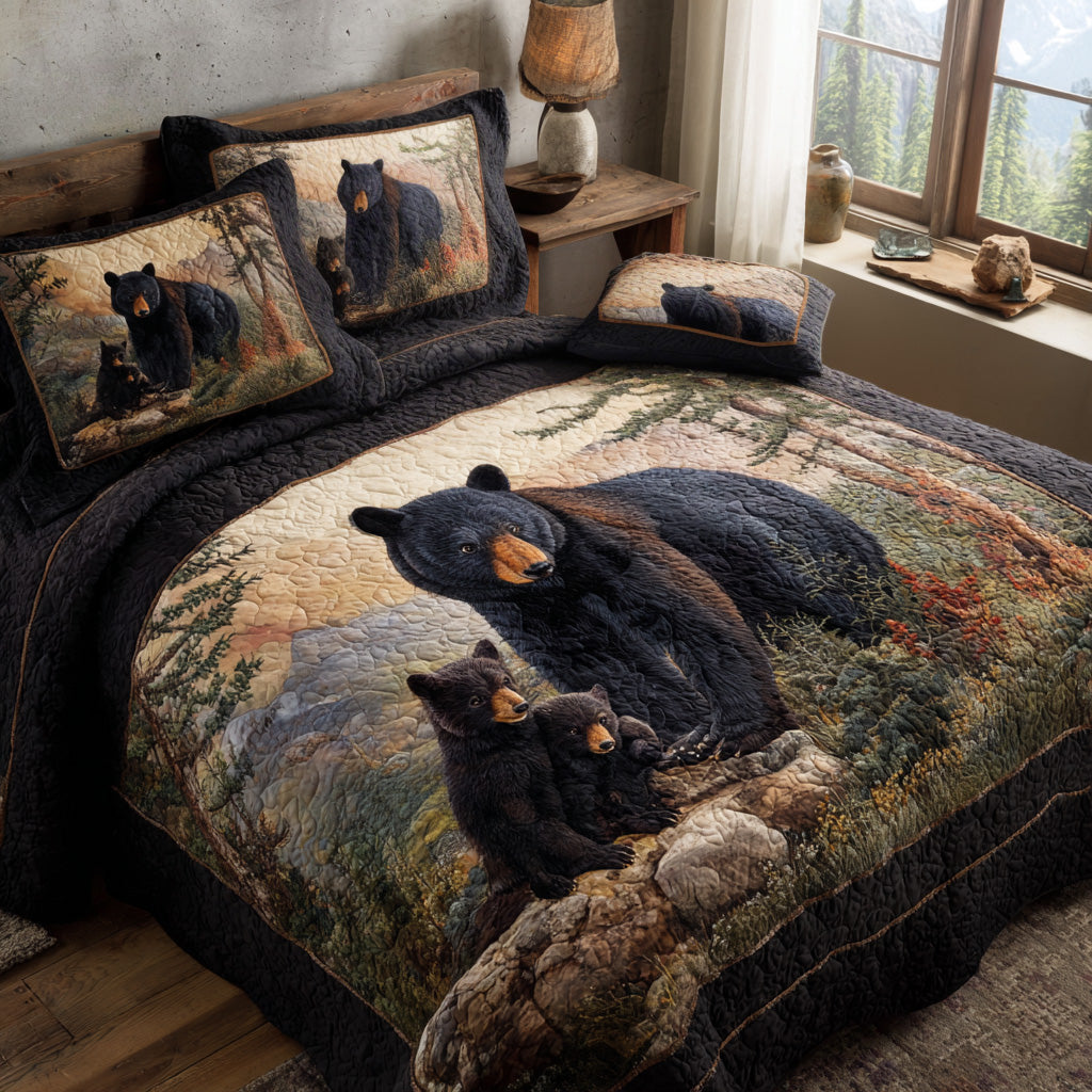 Juego de Ropa de Cama Acolchado de 3 Piezas con Oso Negro en el Bosque
