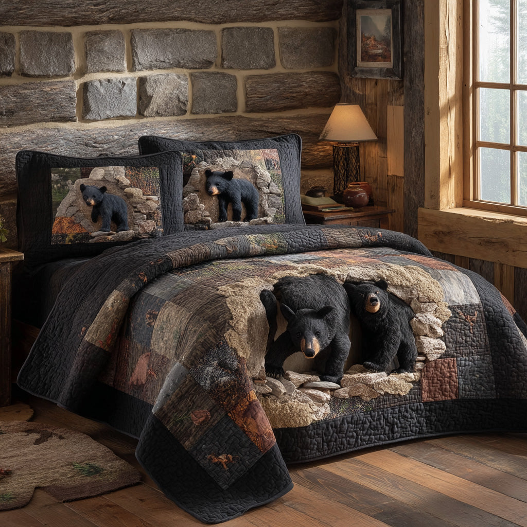 Juego de Ropa de Cama Acolchado de 3 Piezas Golden Pines Black Bear