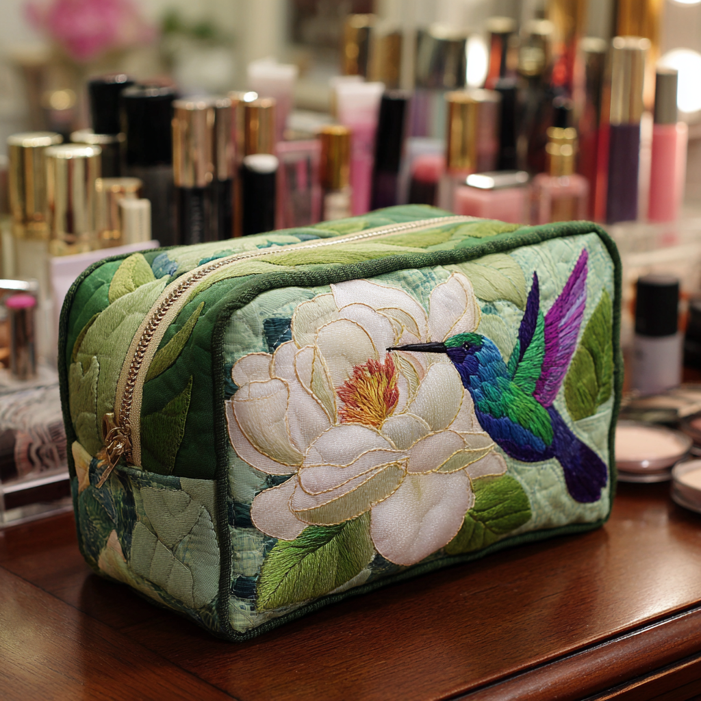 Bolsa de Maquillaje Acolchada con Encanto de Colibrí