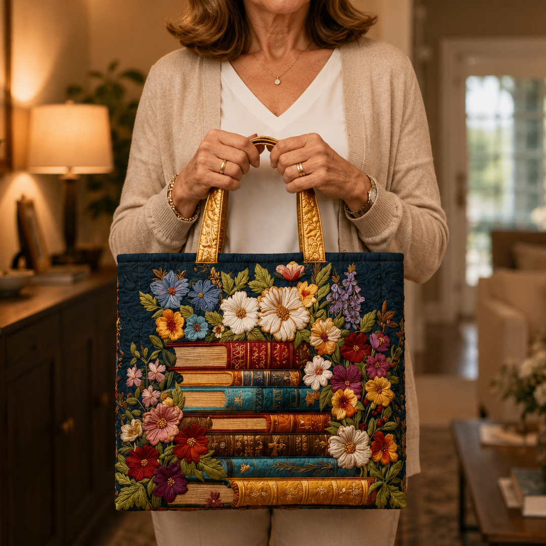 Bolso Tote Acolchado - Estampado Floral y de Libros