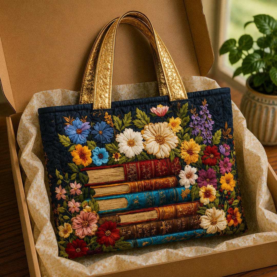 Bolso Tote Acolchado - Estampado Floral y de Libros
