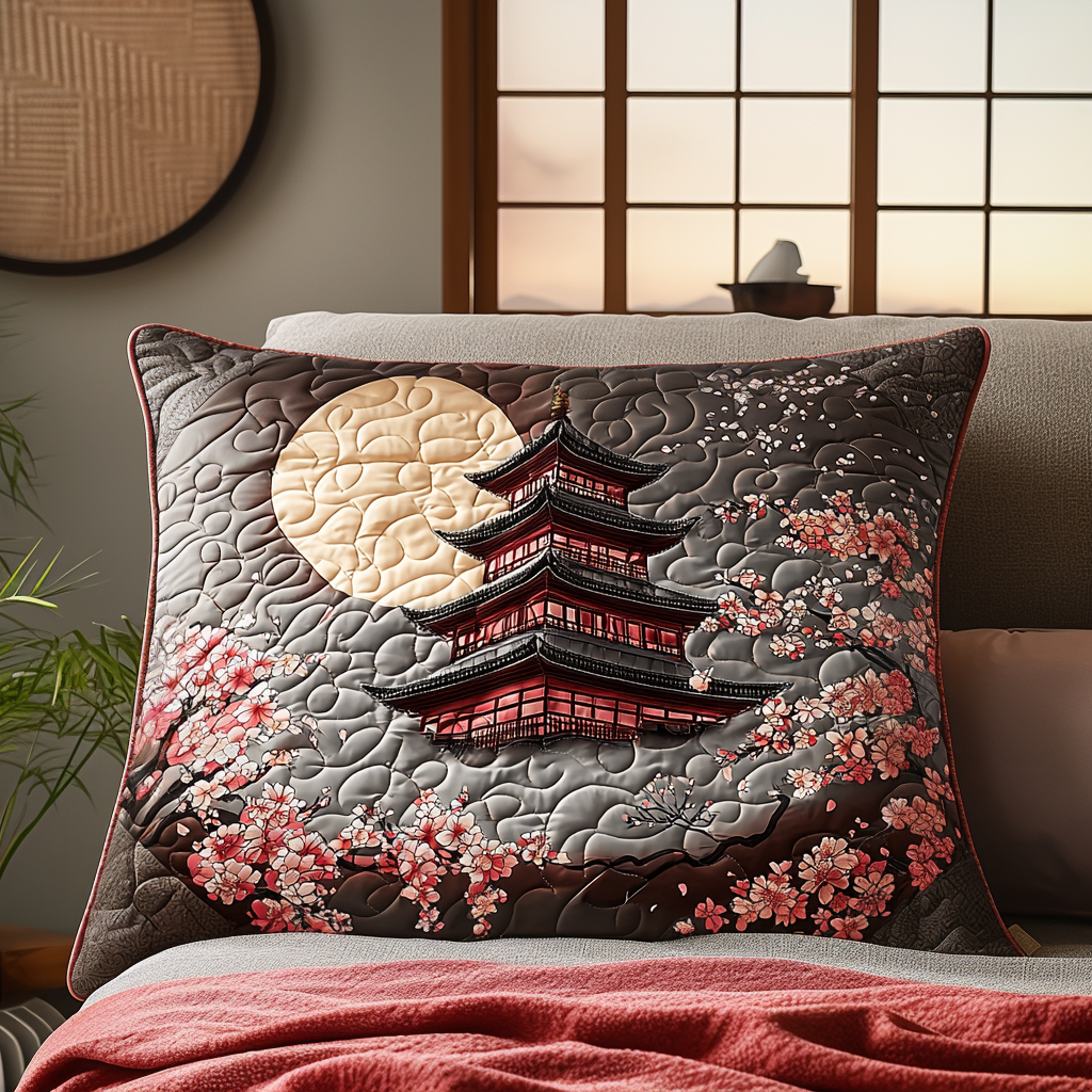 Funda de Almohada de Edredón Acolchado de Luna Antigua con Pagoda Japonesa