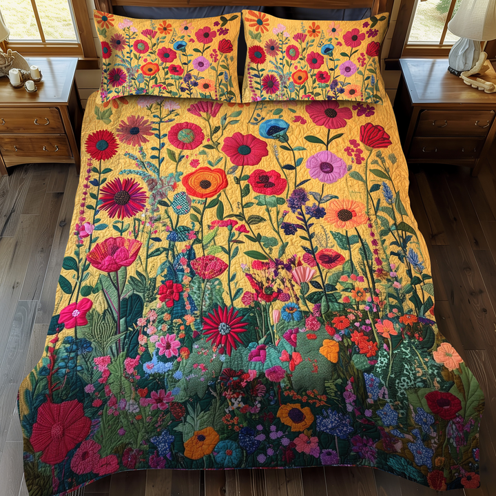 Juego de Ropa de Cama Acolchado de Flores Caleidoscópicas de 3 Piezas
