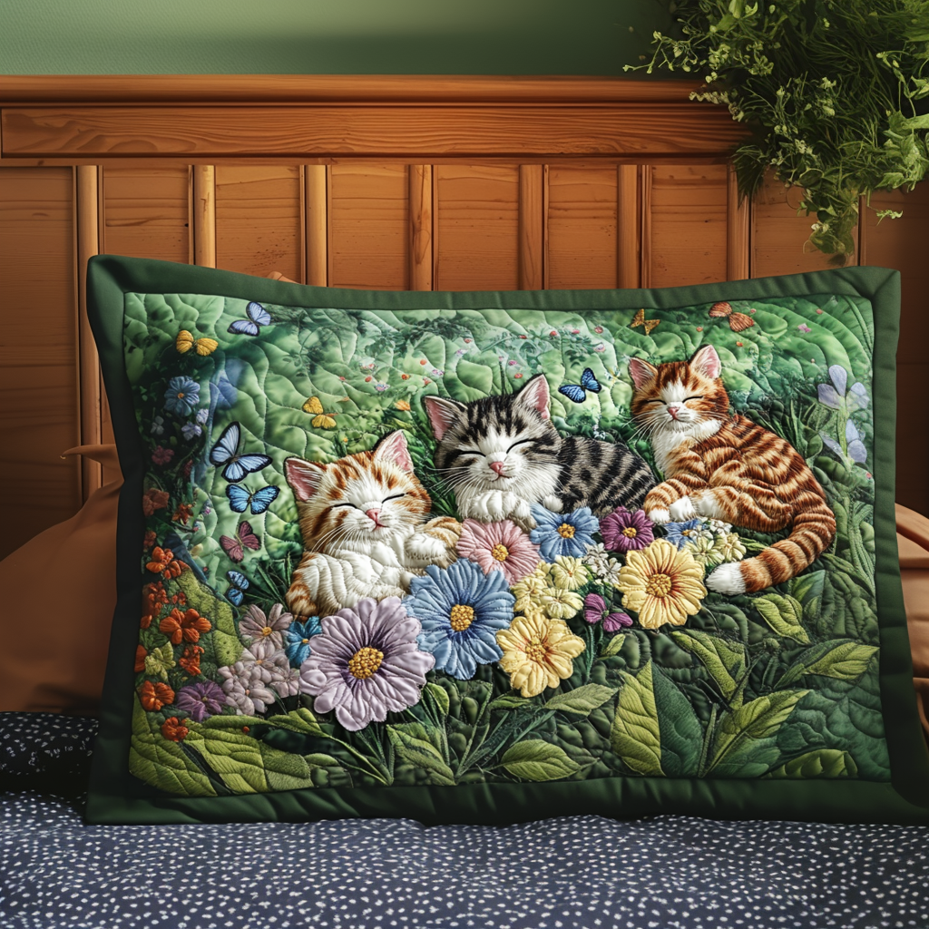 Funda de Almohada de Colcha con Gatitos y Flores