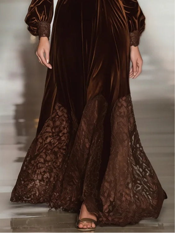 Isabella · Abiti Maxi in Velluto con Collo Alto e Maniche a Palloncino in Pizzo Patchwork