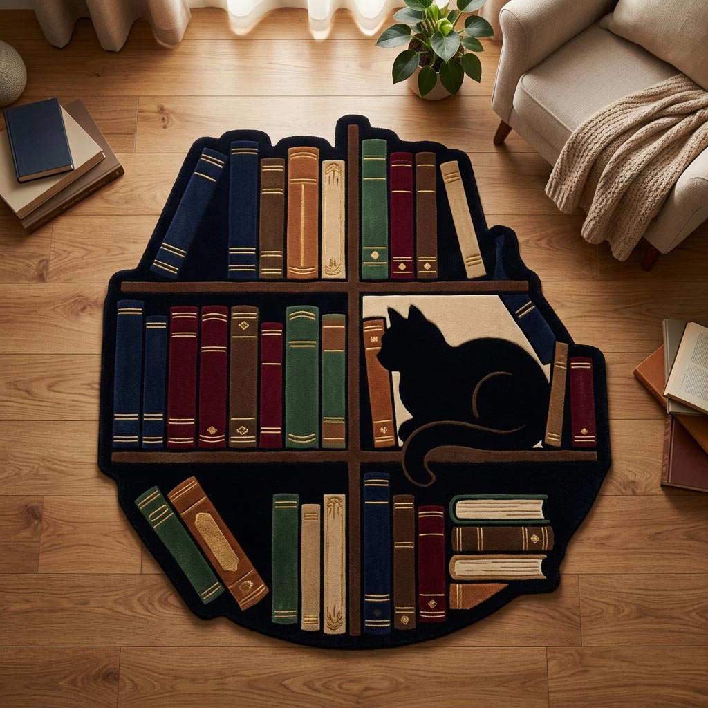 Alfombra de Área Personalizada en Forma de Gato de Biblioteca