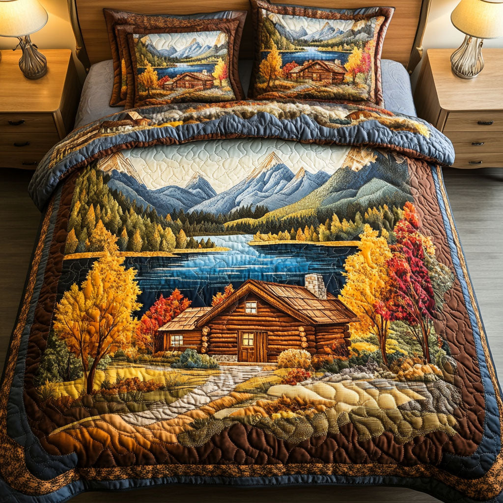 Juego de Ropa de Cama Acolchada de 3 Piezas Lago de Montaña Otoño