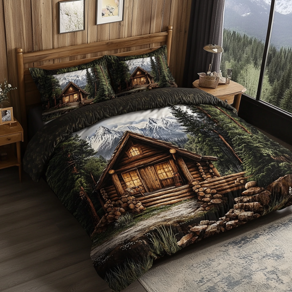 Juego de Ropa de Cama Acolchada de 3 Piezas Cabaña de Montaña