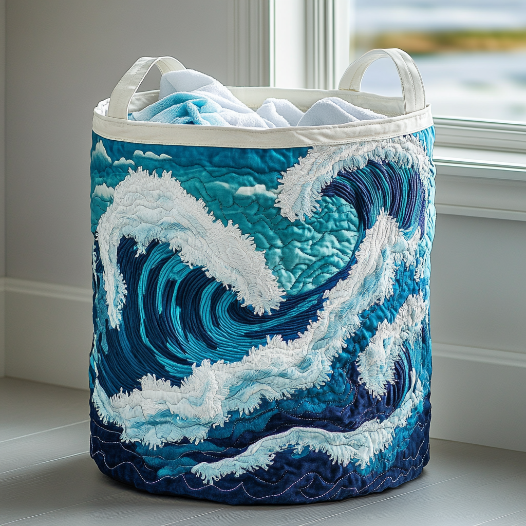 Cesta de Ropa Acolchada con Diseño de Olas del Océano