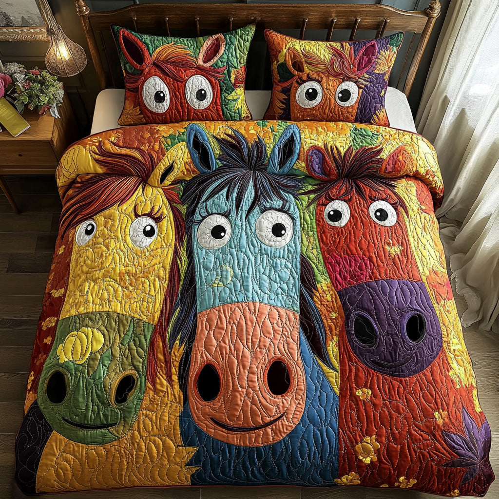 Juego de Ropa de Cama Acolchado de 3 Piezas con Ponis Pintados