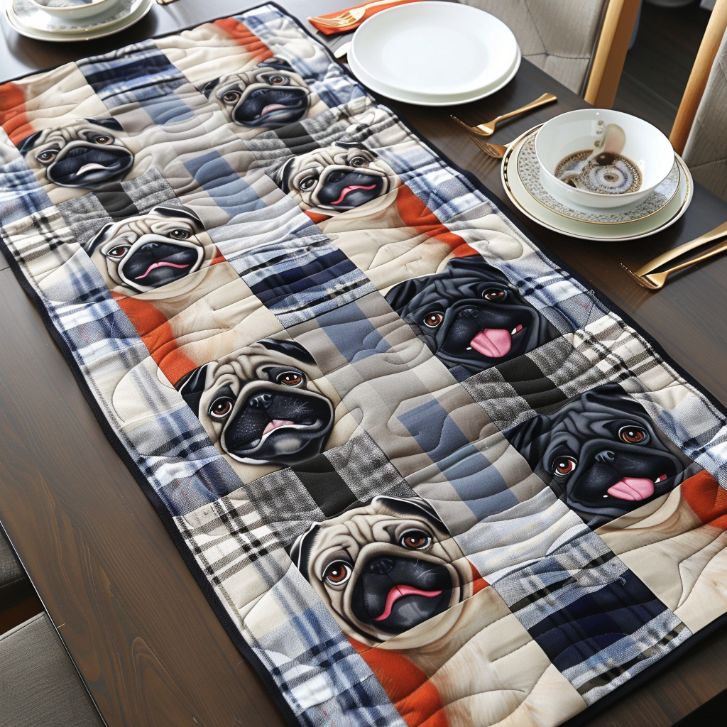 Camino de Mesa Acolchado con Diseño de Pugs de Cuadros
