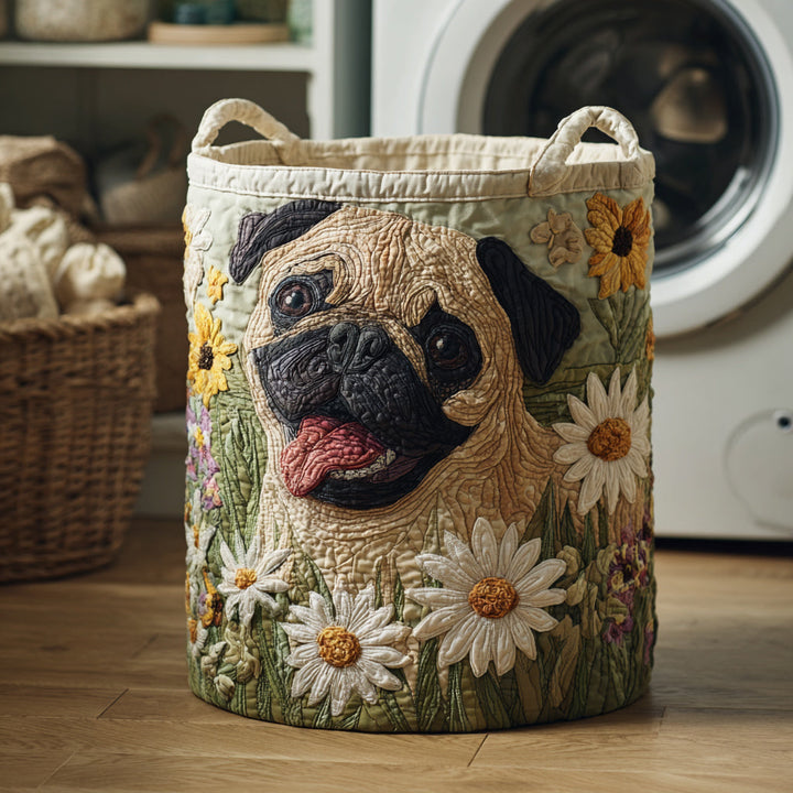 Cesta de Ropa Acolchada con Pugs en Margaritas