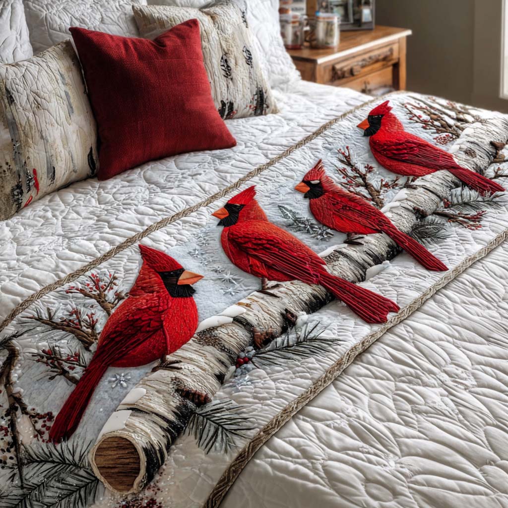 Caminito de Cama Acolchado con Cardenales Rojos