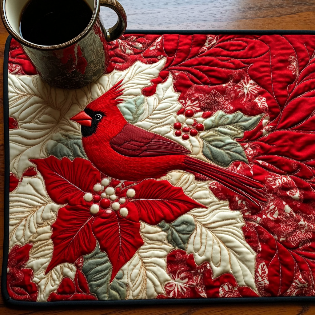 Mantel Individual Acolchado con Diseño de Plumas Rojas