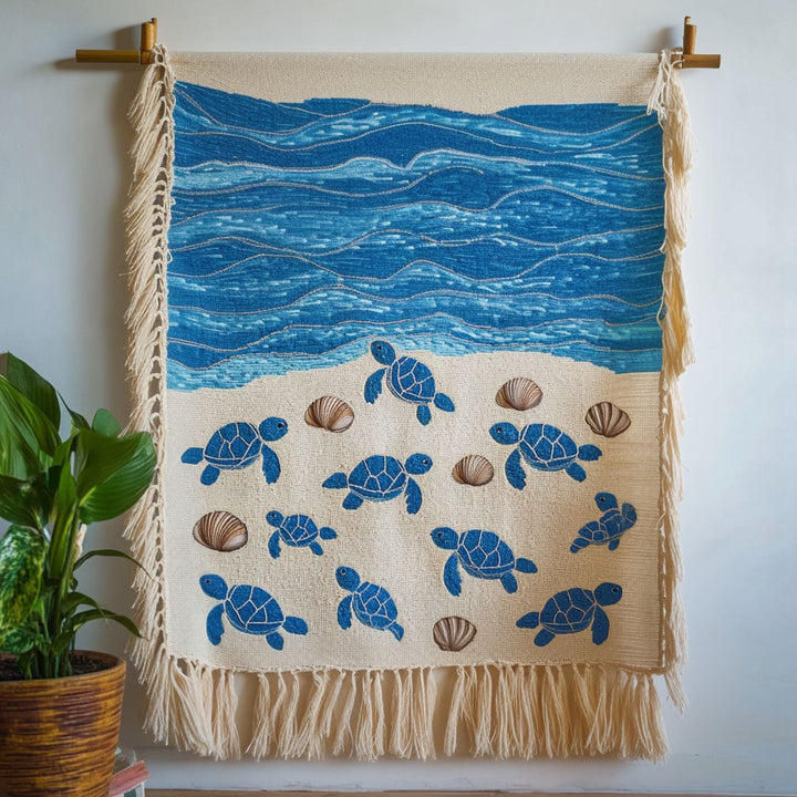 Manta Woven de Tortugas en la Playa Arenosa